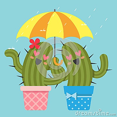 The loving couple of cactus with umbrella Vector Illustration