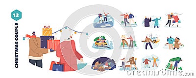 Loving Couple Characters Create Cherished Holiday Traditions As Buying And Carrying Tree And Gifts, Walking, Skating Vector Illustration