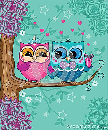 Loving couple cute funny romantic owls. Forest animal, stars, heart, gift. Decorative and style toy, doll. Birthday postcard. Vector Illustration