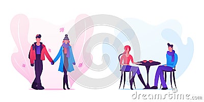 Loving Couple Dating in Autumn Time, Young Man and Woman Wearing Warm Clothing Holding Hands Walking Together Vector Illustration