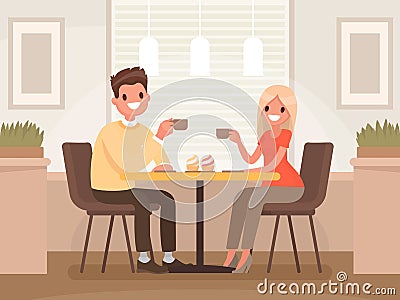 Loving couple is drinking coffee in a cafe. A man and a woman ar Cartoon Illustration