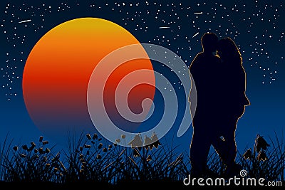 Loving couple enamored on the night sky with shining stars. Vector Illustration