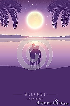 Loving couple enjoy the full moon under palm tree Vector Illustration