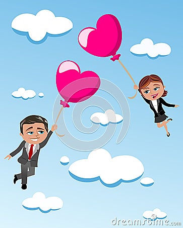 Loving Couple Flying Heart Shaped Balloons Vector Illustration