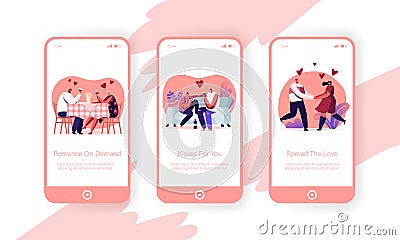 Loving Couple Having Romantic Date at Home and Restaurant Mobile App Page Onboard Screen Set Vector Illustration