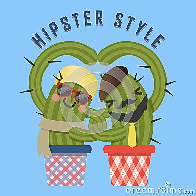 Loving couple of hipster cactus arm in arm Vector Illustration