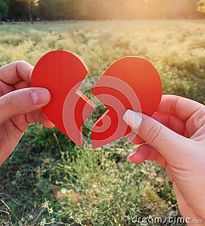 Loving couple joins together the halves of the heart. Concept of love and relationships. Reconciliation of a married couple. Stock Photo