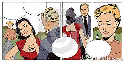 Loving couple in office. Young woman is jealous. Vector Illustration