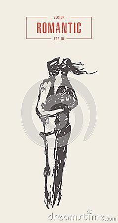 A loving couple in Paris hand drawn vector sketch Vector Illustration