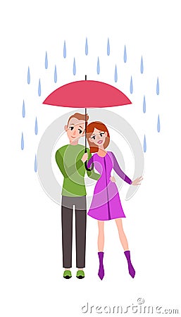 Loving couple in the rain. Romantic young people in love under umbrella, happy husband and wife characters hugging in Stock Photo