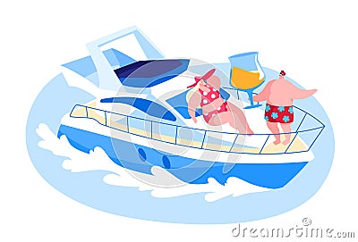 Loving Couple Relaxing on Luxury Yacht at Ocean on Honeymoon or Vacation. Happy Male and Female Characters Vector Illustration