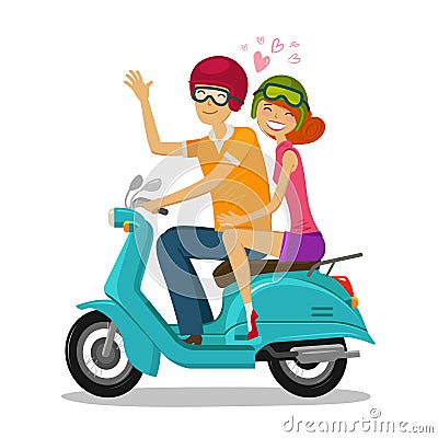 Loving couple riding scooter. Journey, travel concept. Cartoon vector illustration Vector Illustration