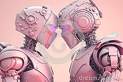 Loving couple of robots in an embrace on a pastel pink background. Generated AI Stock Photo