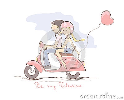 Loving couple on a scooter Vector Illustration