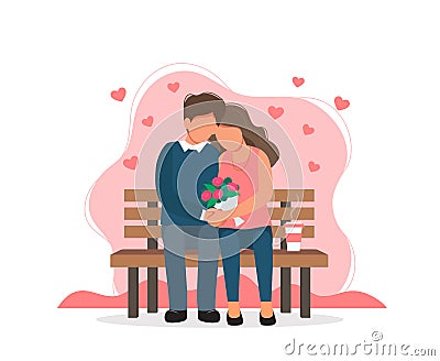 Loving couple sitting on the bench. Celebrating love and St.Valentine`s day. Cute vector illustration in flat style. Vector Illustration