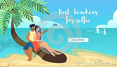 Loving Couple Sitting on Palm Tree Making Selfie Vector Illustration