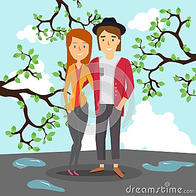 Loving couple in spring on the background of the puddles and the blossoming trees. Vector Illustration