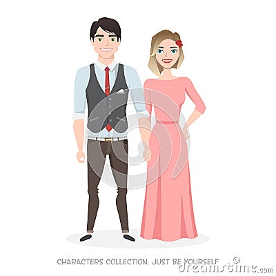 Loving couple in stylish clothes hold hands. Vector Illustration