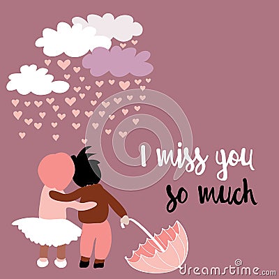 Loving couple with umbrella with clouds with raining hearts above them. Vector illustration on pink background. I miss you so much Vector Illustration