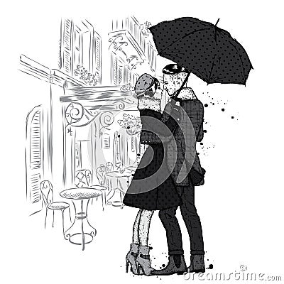 Loving couple under an umbrella. Beautiful guy and the girl in fashionable clothes. Fash Vector Illustration