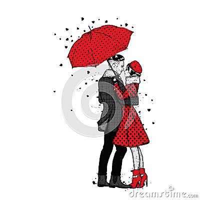 Loving couple under an umbrella. Beautiful guy and the girl in fashionable clothes. Fash Vector Illustration