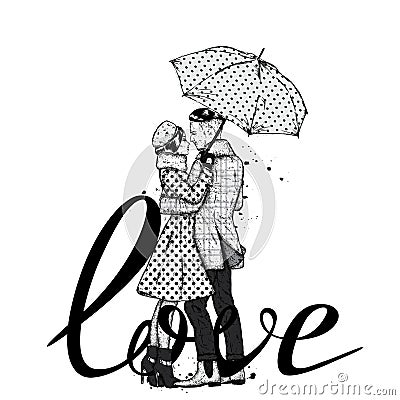 Loving couple under an umbrella. Beautiful guy and the girl in fashionable clothes. Fash Vector Illustration