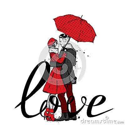 Loving couple under an umbrella. Beautiful guy and the girl in fashionable clothes. Fash Vector Illustration