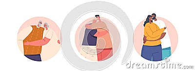 Loving Couples Hugging Isolated Round Icons, Old and Young Men or Women Holding Hands, Embracing, Happy Relationship Vector Illustration
