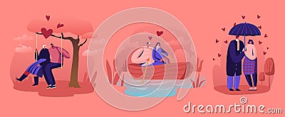 Loving Couples Relations Set. Young People in Love Spend Time Together, Man and Woman Walking under Umbrella Vector Illustration