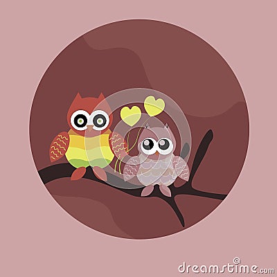 Loving cute owls sitting on branch tree illustration. Cartoon Illustration