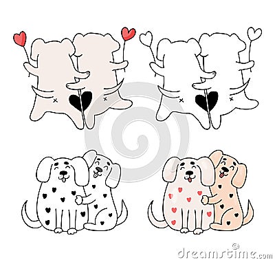 Loving dogs. Romantic pets with heart and cute hugging puppy. Vector illustration. Isolated outline drawings and colored Vector Illustration