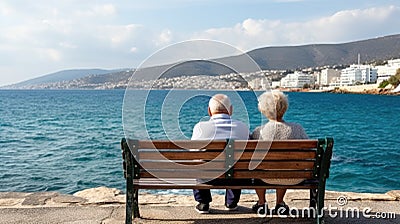 Loving the elderly couple sitting on a bench Stock Photo