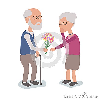 Loving Elderly Man gives flowers to Wife Stock Photo
