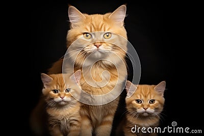 Loving Family of Yellow Cats with Kitten in Studio on Black Background Cartoon Illustration