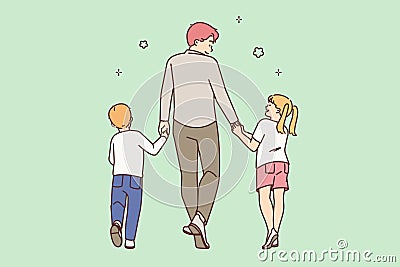 Loving father walking with small children Vector Illustration