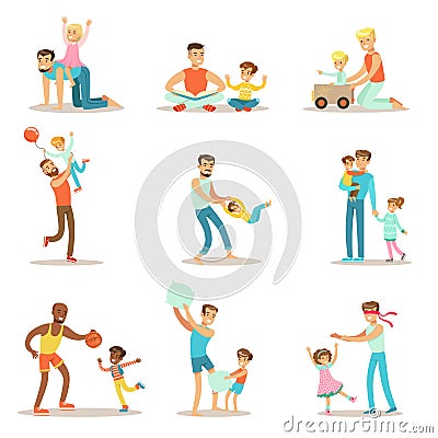 Loving Fathers Playing And Enjoying Good Quality Daddy Time With Their Happy Children Set Of Cartoon Illustrations Vector Illustration