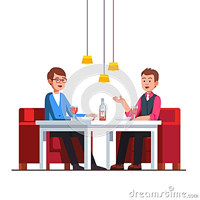 Loving gay couple sitting at restaurant table Vector Illustration