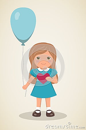 Loving girl with heart in hands and balloon Vector Illustration