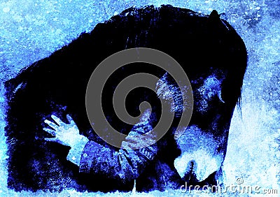 Loving horse and a girl, girl hugging a horse. computer collage. Winter effect. Stock Photo