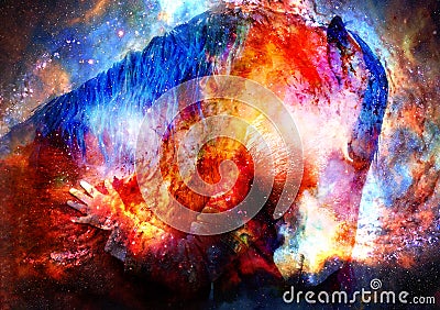 Loving horse and a girl, girl hugging a horse in cosmic space. computer collage. Stock Photo