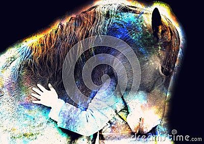 Loving horse and a girl, girl hugging a horse in cosmic space. computer collage. Stock Photo