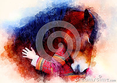 Loving horse and a girl, girl hugging a horse. Portrait woman and horse and softly blurred watercolor background. Stock Photo