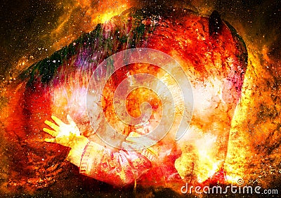 Loving horse and a girl, girl hugging a horse in cosmic space. computer collage. Fire effect. Stock Photo