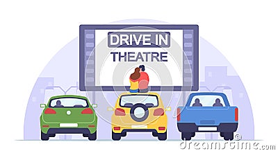 Loving Man and Woman Sit on Auto Roof Watch Movie in Drive-in Theater. Couple Dating at Car Cinema, Romantic Relations Vector Illustration