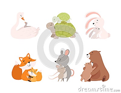 Loving mom animals hugging cubs set. Cute parent and baby animal. Families of goose, turtle, rabbit, fox, mouse, bear Vector Illustration