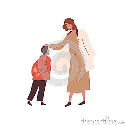 Loving mother caress her son. Happy mummy patting her child. Scene of family, parenting and tenderness. Smiling parent Vector Illustration