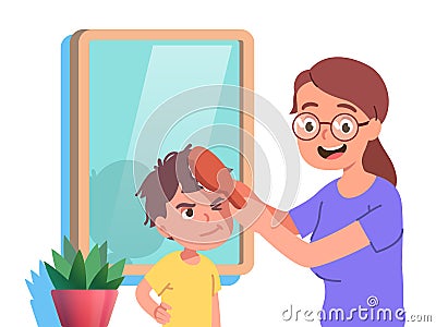 Loving mother combing, brushing son's hair at home Vector Illustration