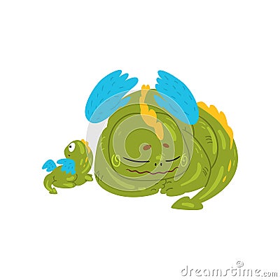 Loving mother dragon and her baby, cute green winged dragons, family of mythical animals cartoon characters vector Vector Illustration