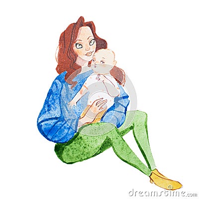 Loving mother holding babies hand drawn with watercolors Stock Photo