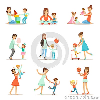 Loving Mother Playing And Enjoying Good Quality Mommy Time Vector Illustration